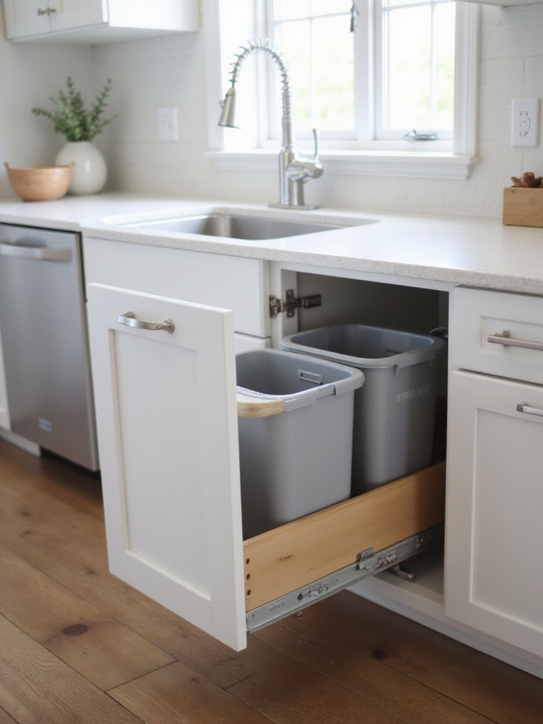 Organized kitchen sink area showing a pull-out trash and recycling bin system installed under the cabinet for efficient waste management.