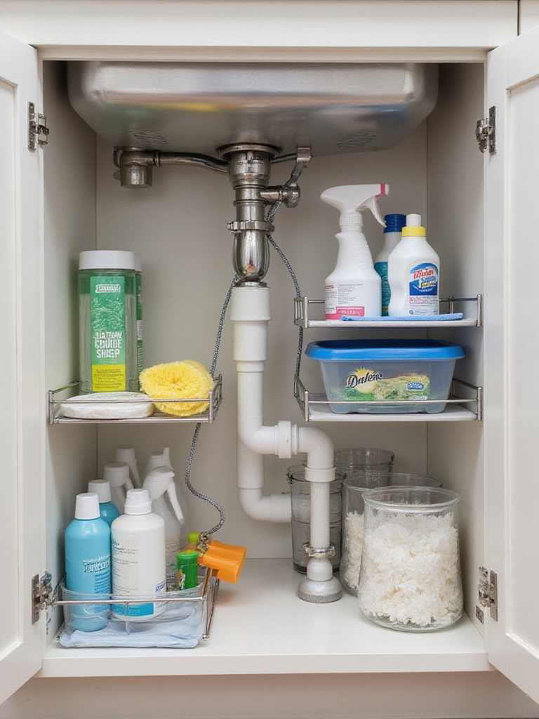 Organized kitchen cabinet under sink showing pull-out shelves, bins, and cleaning supplies neatly arranged around plumbing pipes.