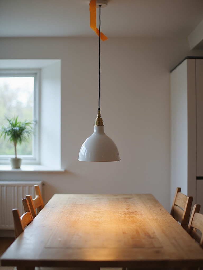 Testing pendant light position above kitchen table with painter's tape before permanent installation.