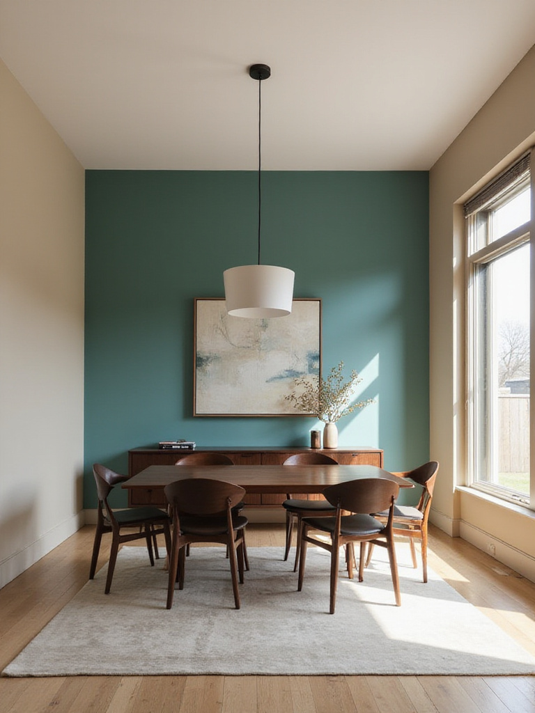 Modern dining room featuring a deep teal accent wall behind a dark wood sideboard, with a wooden dining table in the center of the room.