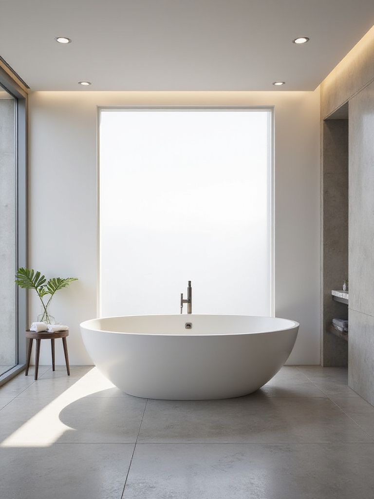 A sleek white freestanding oval bathtub in a spacious modern bathroom with neutral tones and natural light.