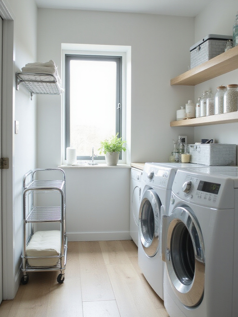 Compact laundry bathroom showcasing efficiency tools like a wall-mounted drying rack, rolling storage cart, and organized shelves with laundry supplies.