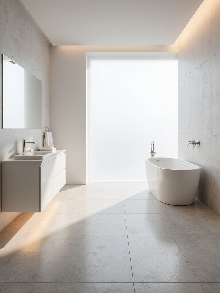 Modern bathroom interior with large light grey tile floor, showcasing the comfort of underfloor heating. Features include a floating vanity, frameless mirror, and freestanding tub.
