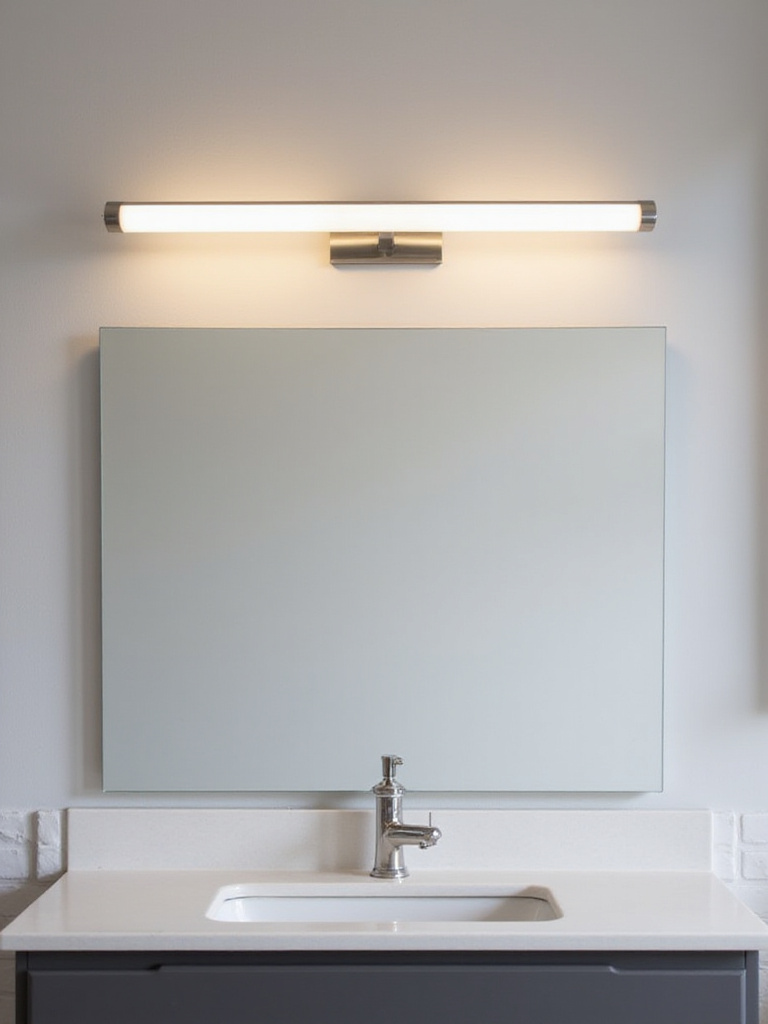 A modern bathroom vanity featuring a horizontal light bar above the mirror, providing bright task lighting over the sink and countertop.