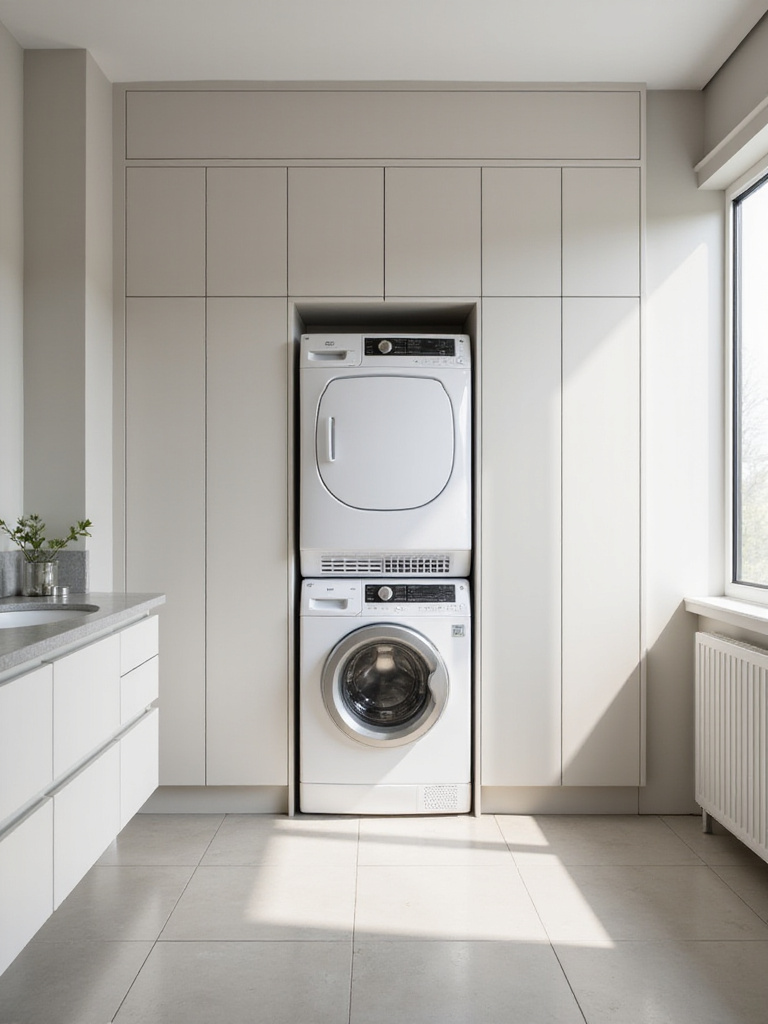 Stacked white washer and dryer unit integrated into light cabinetry in a modern, minimalist bathroom, maximizing space.