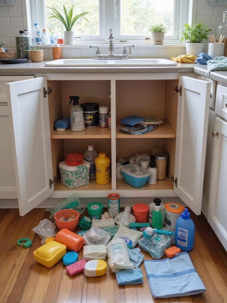 Items are spread out on the kitchen floor in front of an empty, clean under-sink cabinet during a decluttering session. Cleaning supplies and household items are sorted into piles for organization.