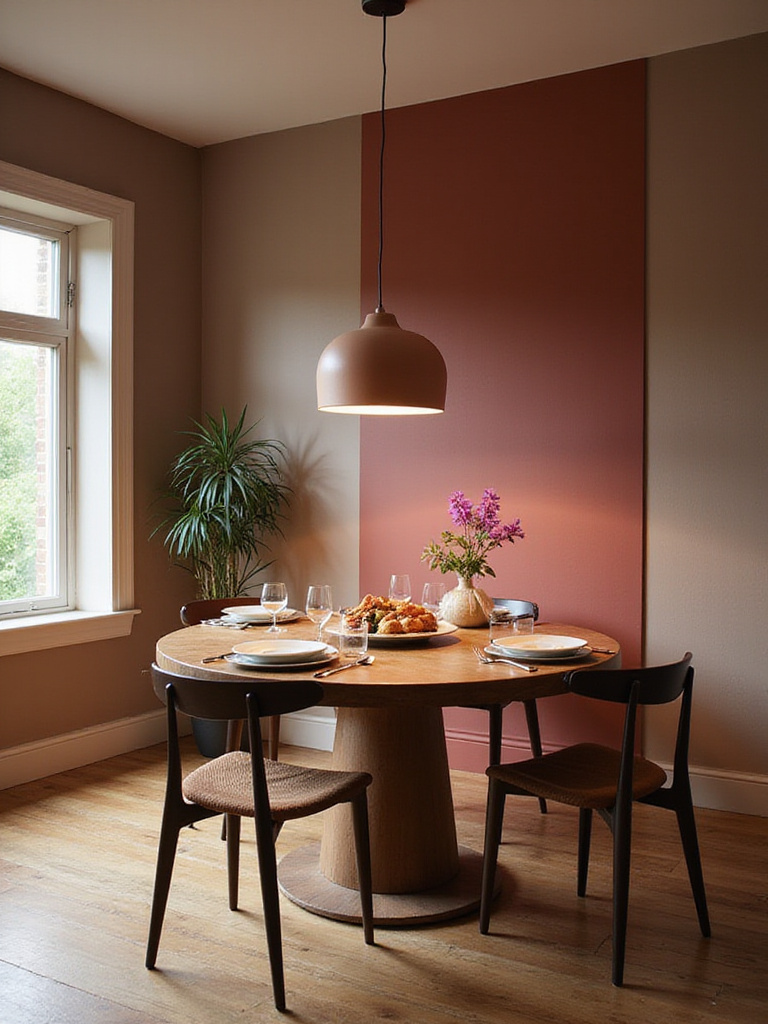 Dining room with warm taupe walls and a burgundy accent wall, illustrating color psychology in interior design. The room features a set dining table under soft pendant lighting.