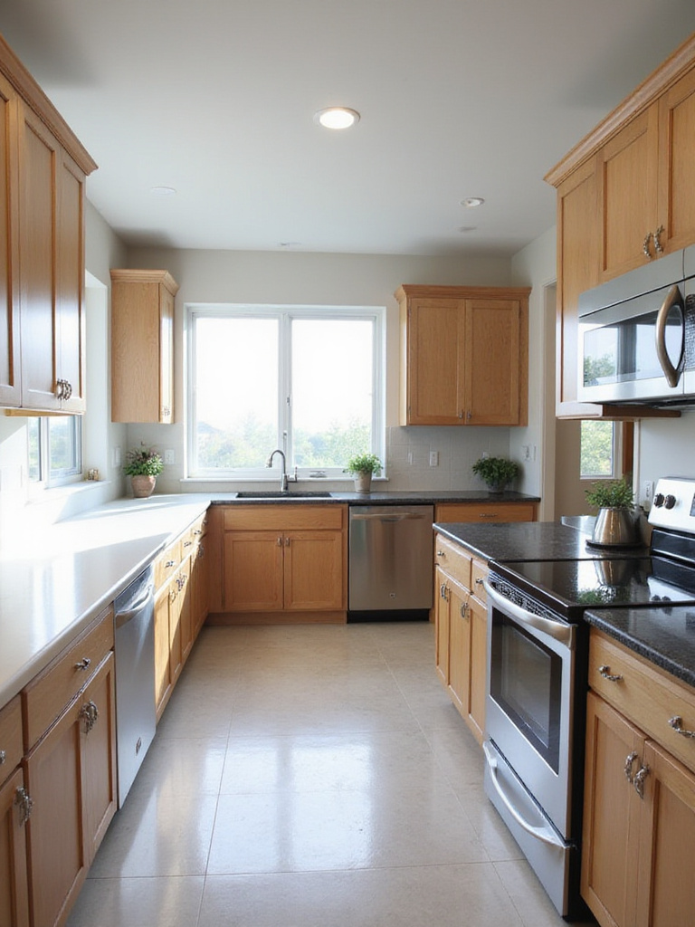 Comparison showing a kitchen with light countertops that appears spacious and airy next to an identical kitchen with dark countertops that appears more grounded and slightly smaller.