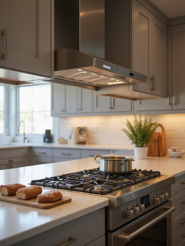 Modern kitchen showcasing proper ventilation around cooktops and ovens with sleek cabinetry.