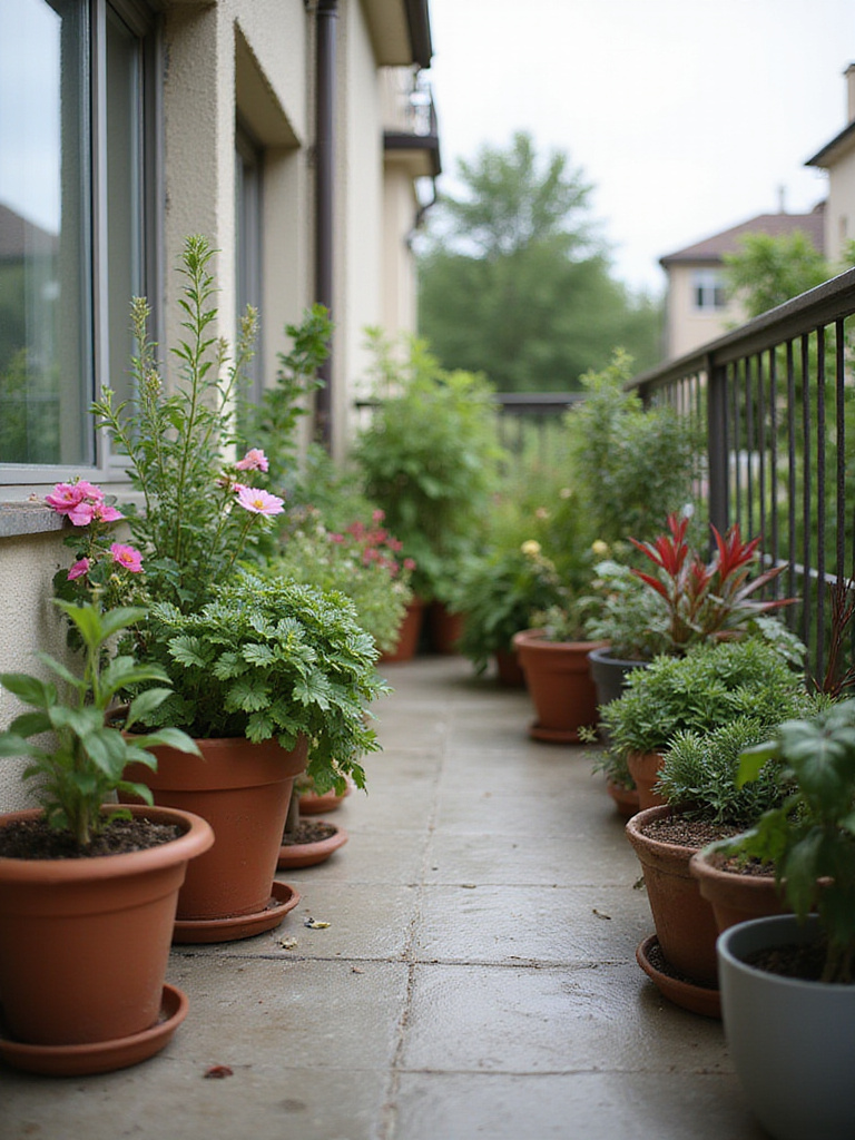 Balcony garden with a variety of potted plants, showing a thoughtful arrangement that considers weight distribution.