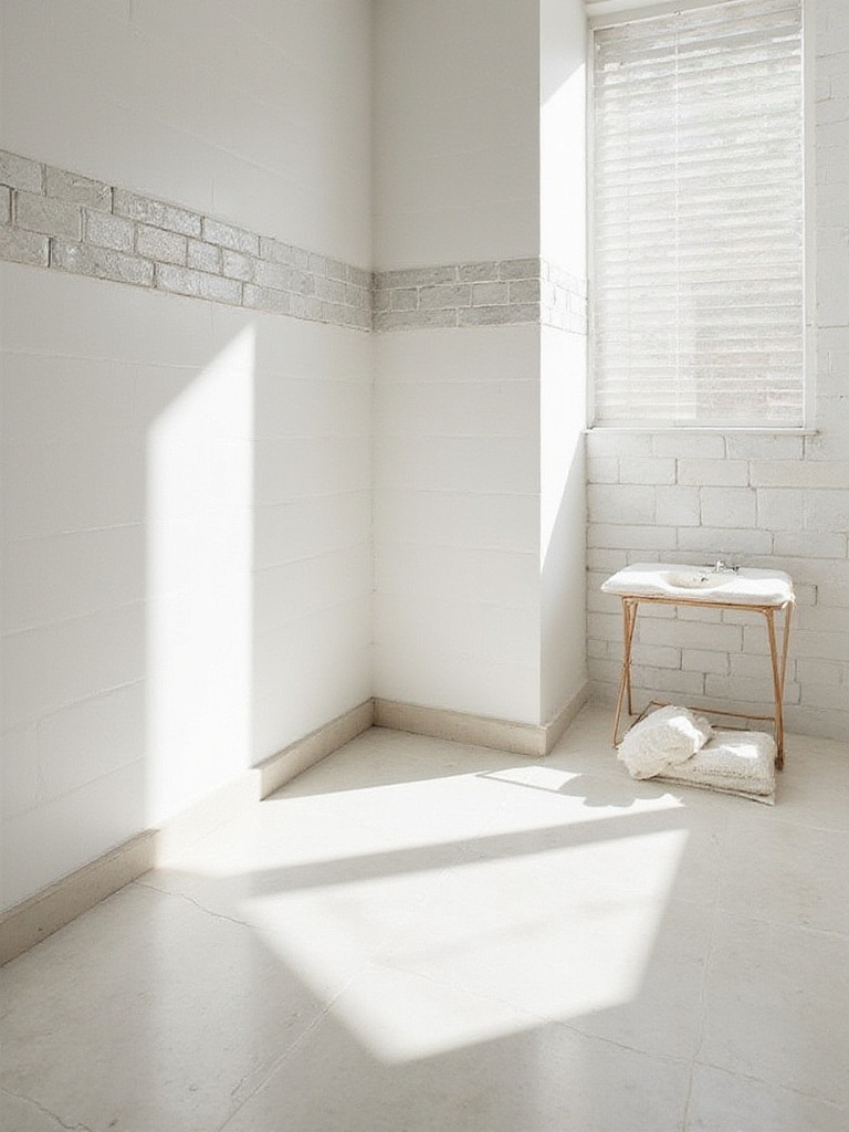 Elegant bathroom with white subway tile in a classic brick pattern and large format porcelain tiles on the floor.