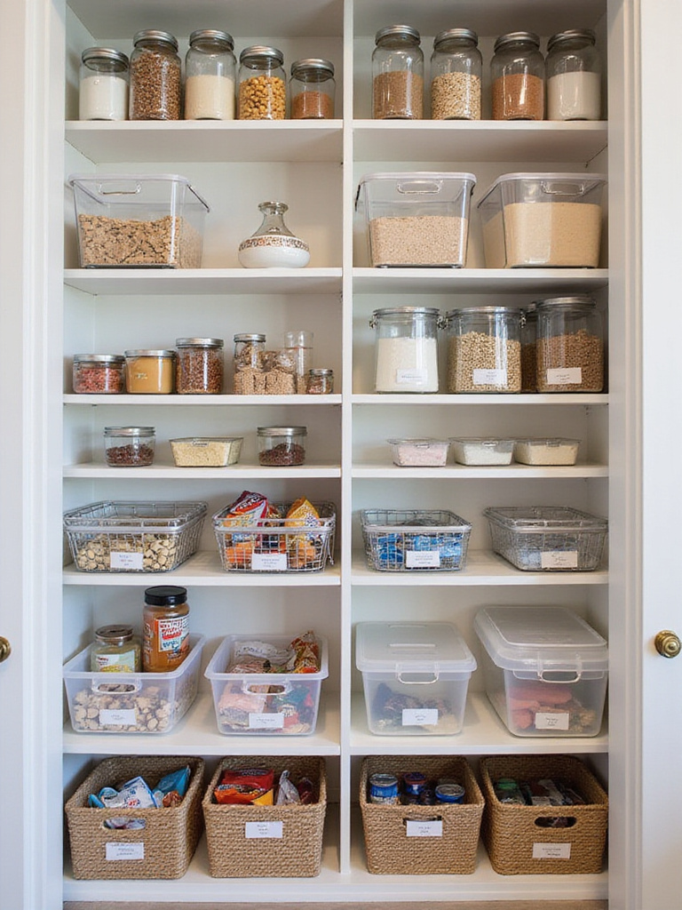 View inside a neat and organized kitchen pantry with shelves filled with labeled bins and containers holding various food items, demonstrating efficient space utilization.