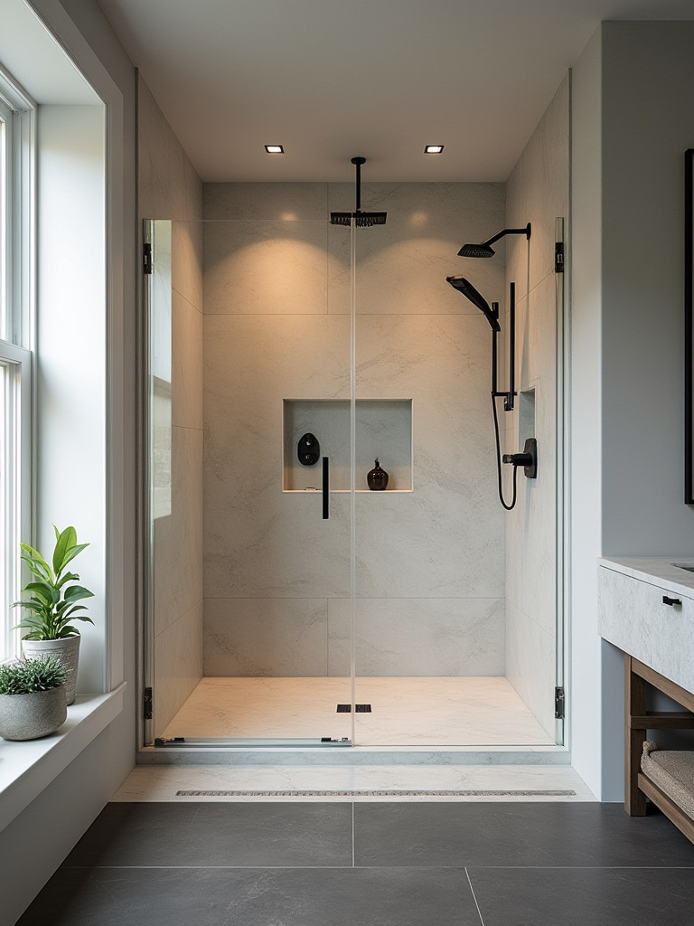 Modern walk-in shower with glass panels, rain shower head, built-in niches, and large format tile.