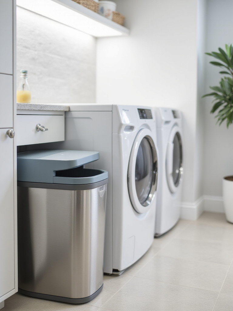 A clean, organized laundry room featuring a functional trash bin integrated into the space, showcasing tidy waste disposal.