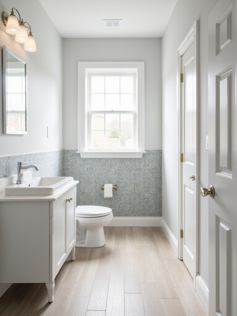 A modern bathroom featuring a wall or floor covered in stylish patterned peel-and-stick tiles, showcasing a budget-friendly makeover option.