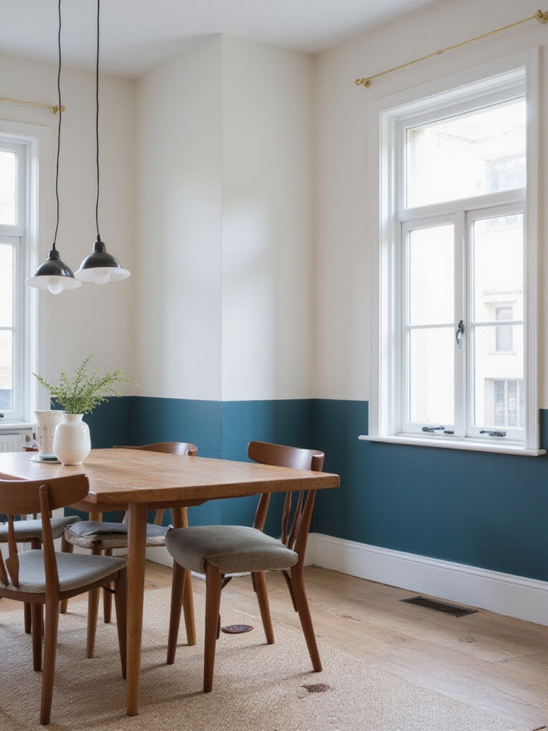 A dining room featuring two-tone walls with a deep blue lower section and a soft white upper section, divided by a horizontal line at chair rail height, adding visual depth and style.