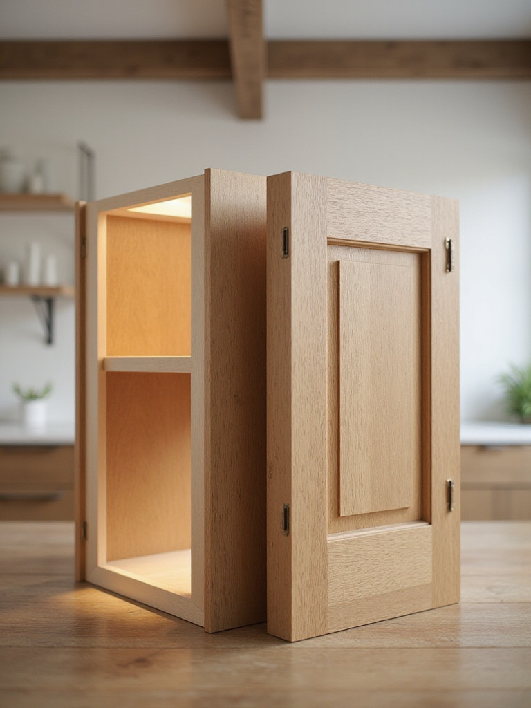Plywood and particleboard cabinet box construction comparison in a modern kitchen.
