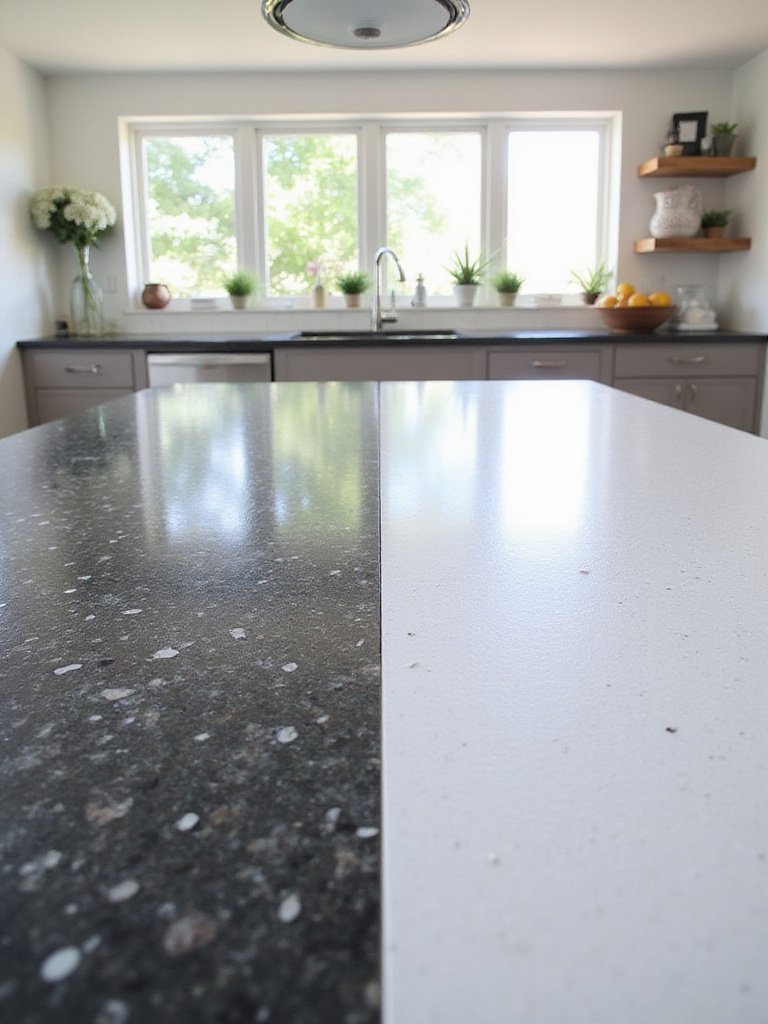 Kitchen countertop split into dark patterned and light solid sections, illustrating how color and pattern affect the visibility of spills and crumbs.