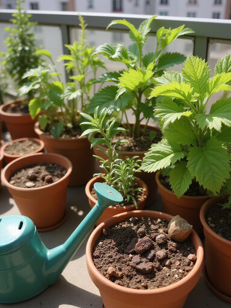 Potted plants on a balcony showing the difference between adequately watered and drought-stressed plants.