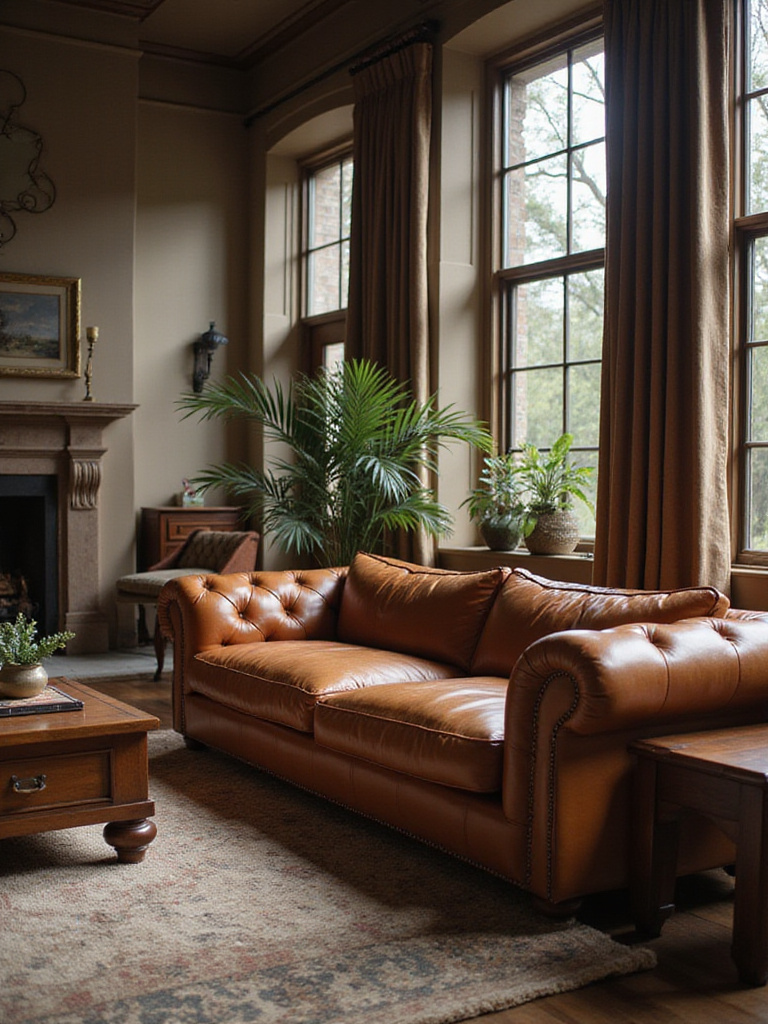 Luxurious living room with premium leather sofa, showcasing durability and timeless style. High-end furniture.