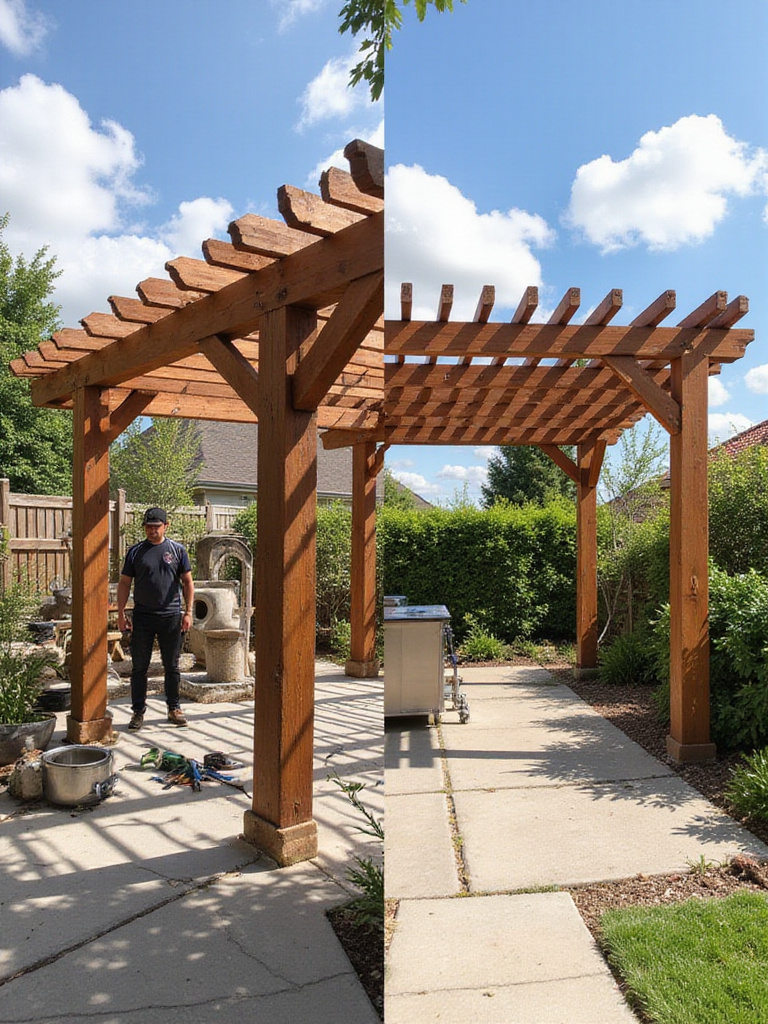 Split image showing a DIY pergola construction on the left and a professionally installed pergola on the right.