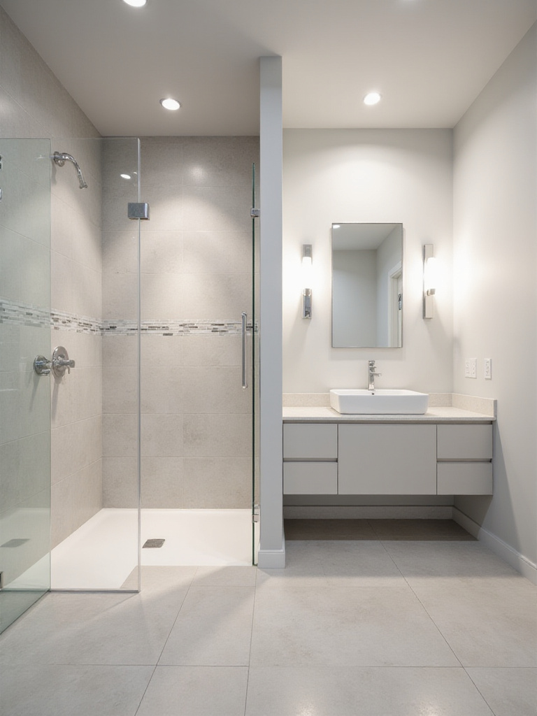 Illustration of a modern bathroom showing different lighting fixtures in damp and wet rated areas, with a shower light in the wet zone and vanity/ceiling lights in the damp zone.