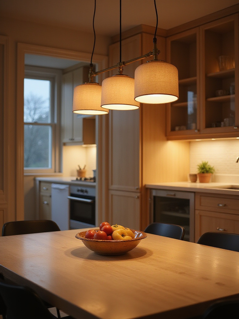 Kitchen table illuminated by a three-light pendant fixture showcasing optimal lumen output for dining and activities.