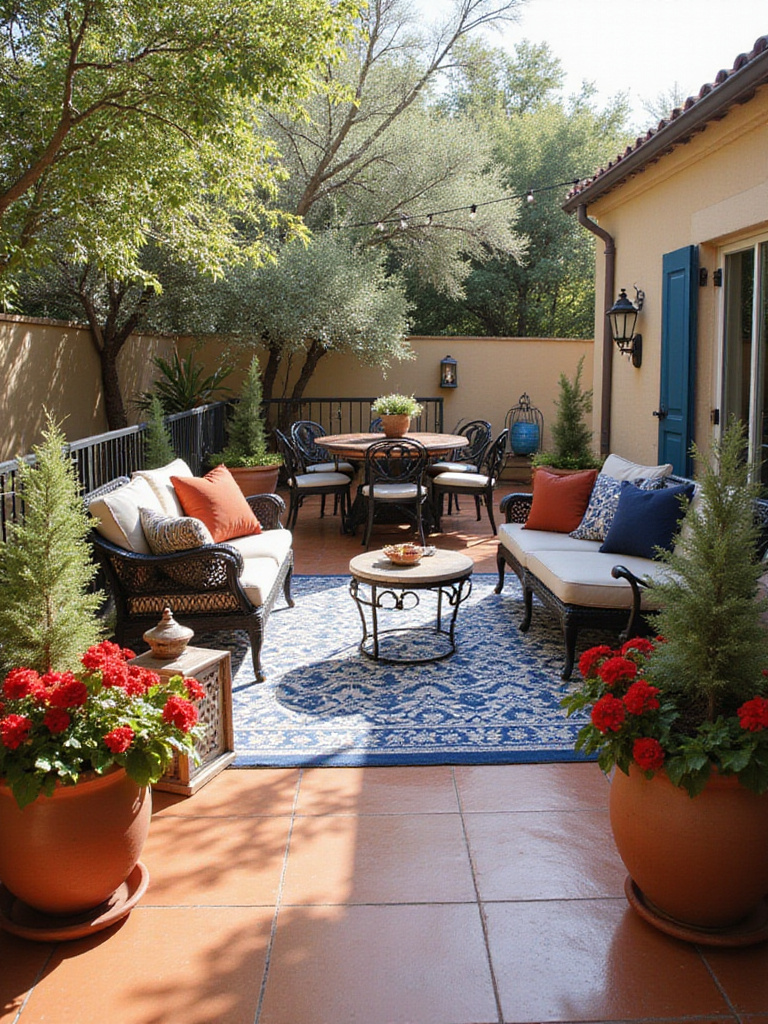 Mediterranean themed deck decoration featuring wrought iron furniture, terracotta pots with colorful plants, and a patterned rug, illustrating a cohesive outdoor living space design.