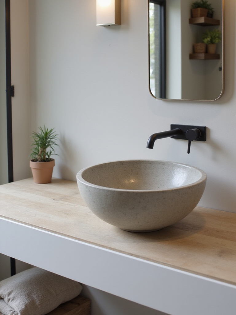 Modern bathroom featuring a unique concrete vessel sink on a floating wooden vanity with a matte black wall-mounted faucet, showcasing a clean, minimalist design.