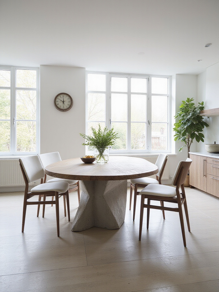 Modern kitchen featuring a unique geometric kitchen table, such as an oval or round table, surrounded by minimalist dining chairs in a bright, airy space.