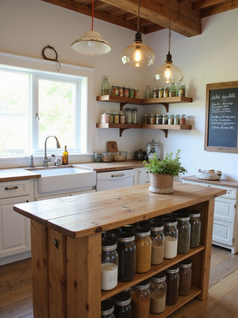 Sustainable kitchen design featuring upcycled wood pallet island, repurposed mason jars, and wine bottle pendant lights.