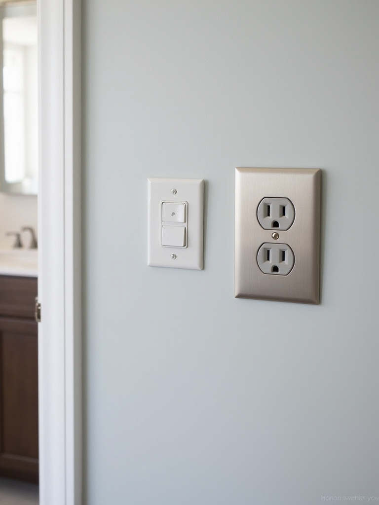 Updated brushed metallic screwless outlet cover and switch plate on a bathroom wall, showcasing a small but impactful budget makeover detail.
