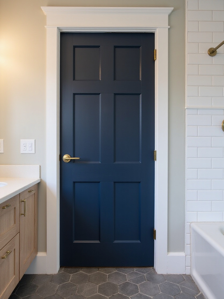 Stylish deep navy blue shaker bathroom door with brushed brass lever hardware in a modern renovated bathroom.