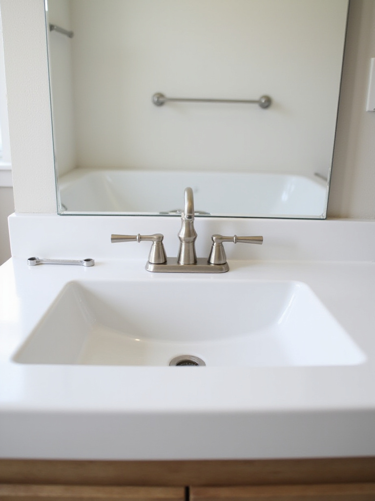 A modern white bathroom sink with a new brushed nickel faucet, illustrating a budget-friendly upgrade.