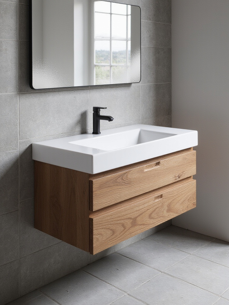 Stylish floating wood bathroom vanity with quartz countertop and integrated sink.