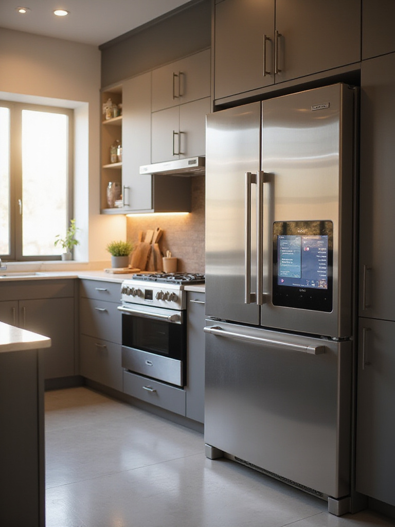 Modern kitchen featuring smart appliances, including a smart refrigerator and oven.
