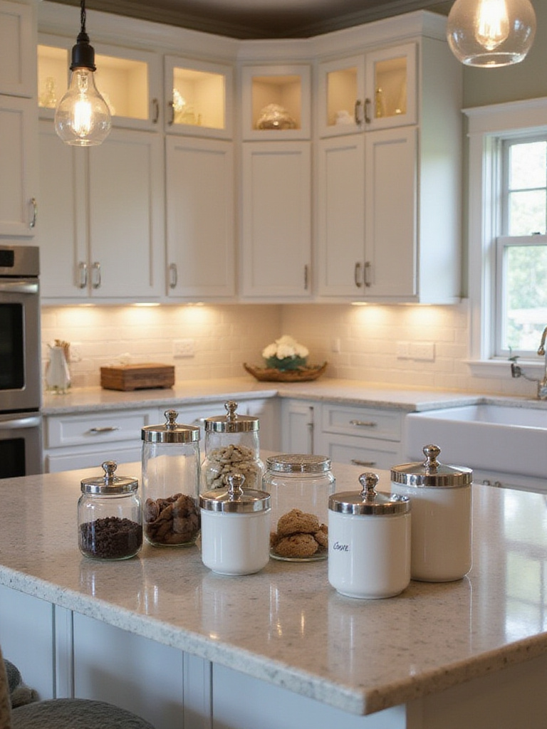 Stylish glass, ceramic, and metal canisters arranged decoratively on a kitchen island, providing both storage and aesthetic appeal in a modern kitchen setting.