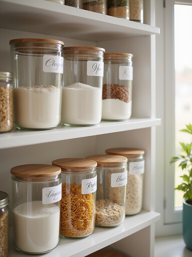 Organized kitchen pantry with clear airtight containers filled with dry goods like flour, sugar, and pasta.