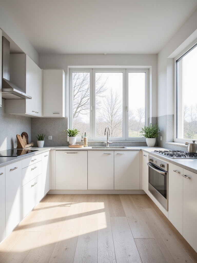 Serene modern kitchen featuring light gray quartz countertops, illustrating how countertop color contributes to a calm mood in a space.