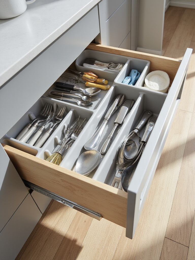 An open kitchen drawer showing cutlery and kitchen gadgets neatly organized using drawer dividers and trays.