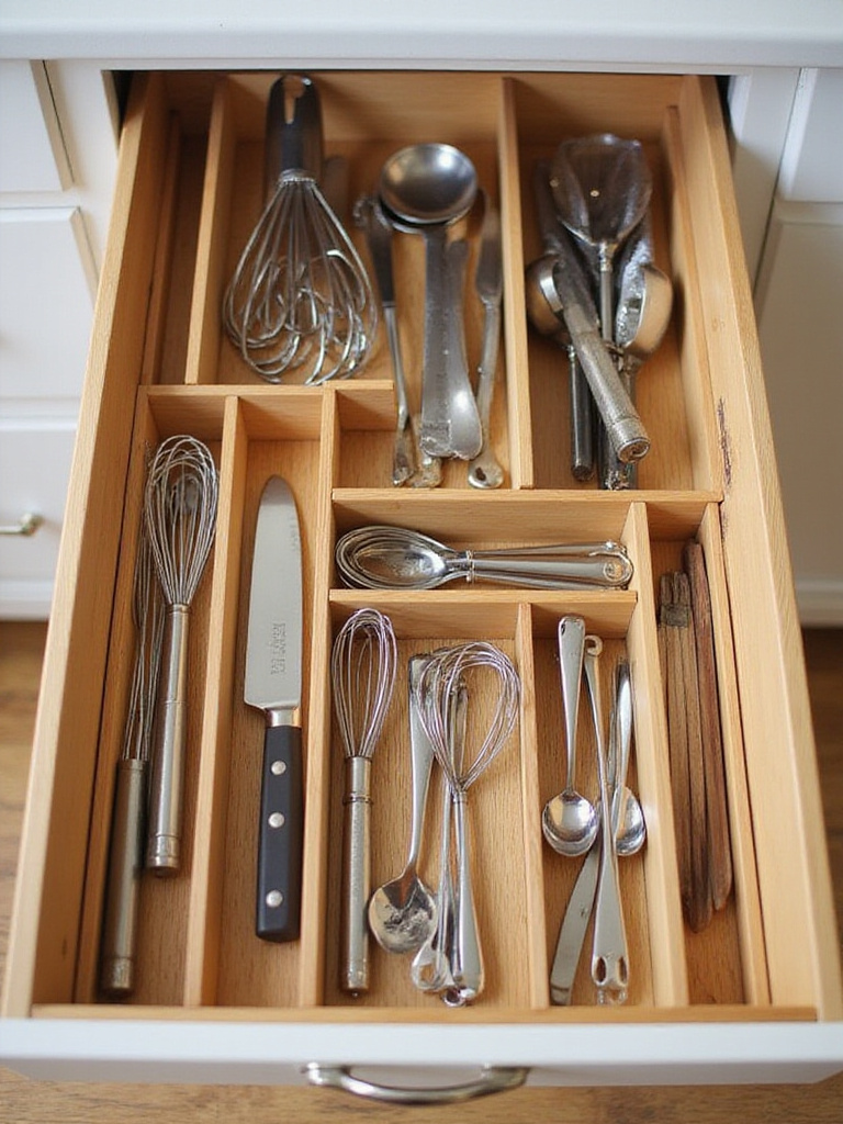 Organized kitchen utensil drawer with bamboo dividers