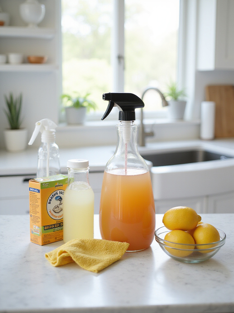 Eco-friendly cleaning products on a kitchen countertop.