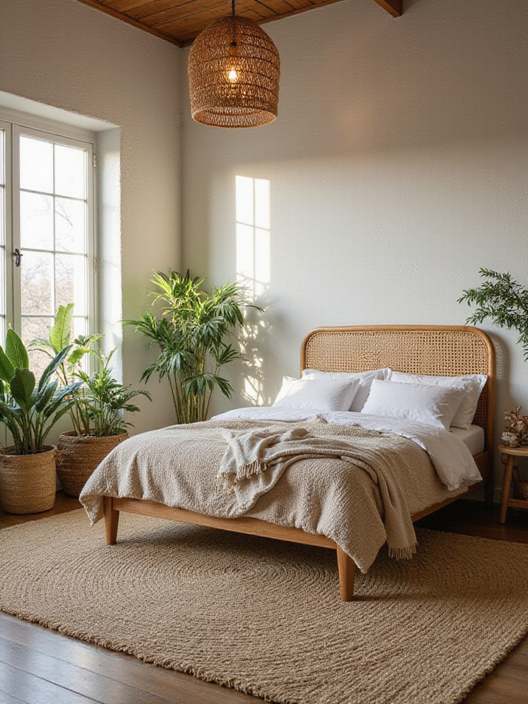 Boho bedroom with jute rug, rattan headboard, and woven basket accents