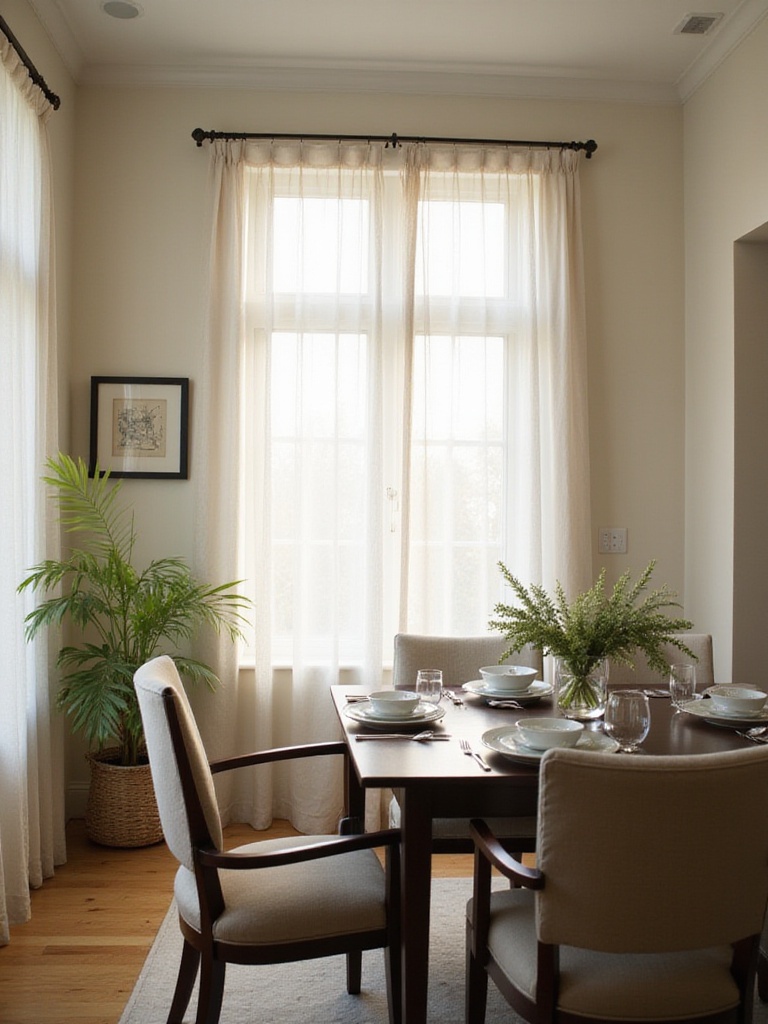 Dining room with sheer linen curtains filtering natural light.