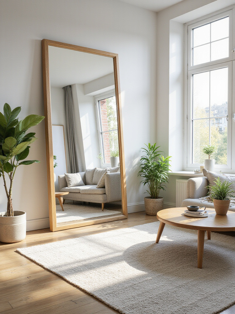 A bright living room made to look larger and more spacious by a large mirror placed opposite a window, reflecting natural light and the room's interior.