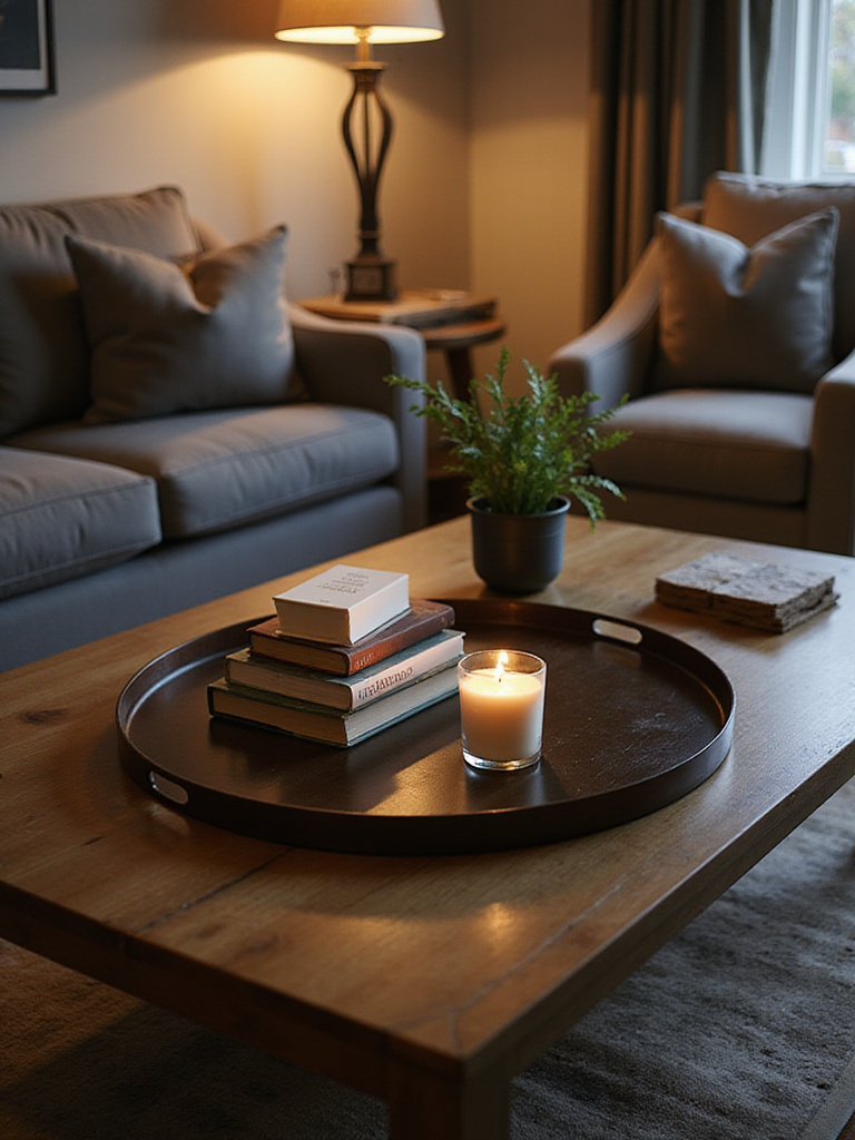A decorative tray on a coffee table in a stylish living room, holding books, a candle, and a plant.