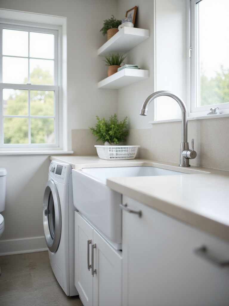 Integrated deep utility sink set into a light countertop next to a washing machine in a clean laundry bathroom, designed for both handwashing and pre-soaking laundry.