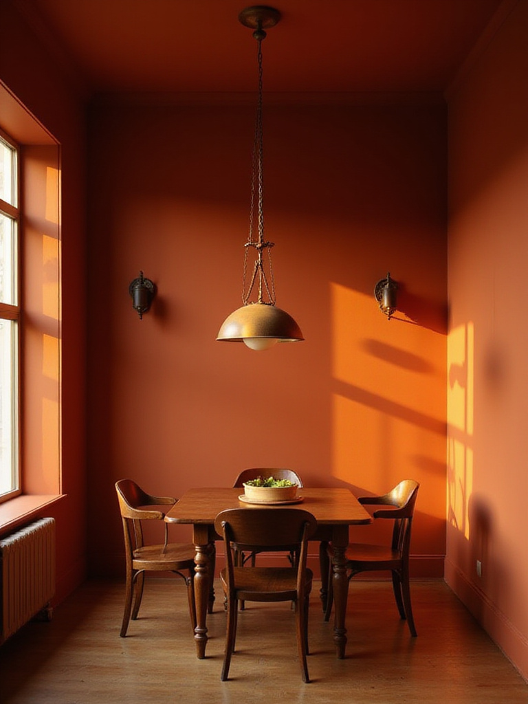 A dining room painted in a warm terracotta color, creating a cozy and inviting atmosphere with soft lighting and wooden furniture.