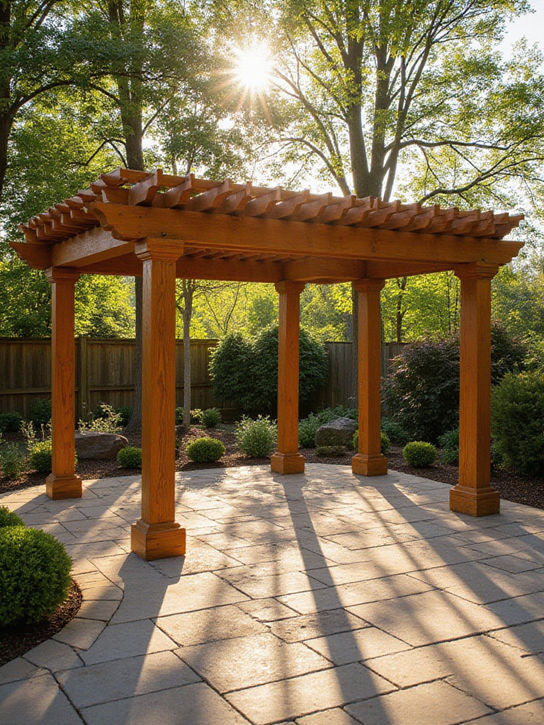A wooden patio pergola with sunlight filtering through its open lattice roof, casting dappled shadows on the stone patio below.