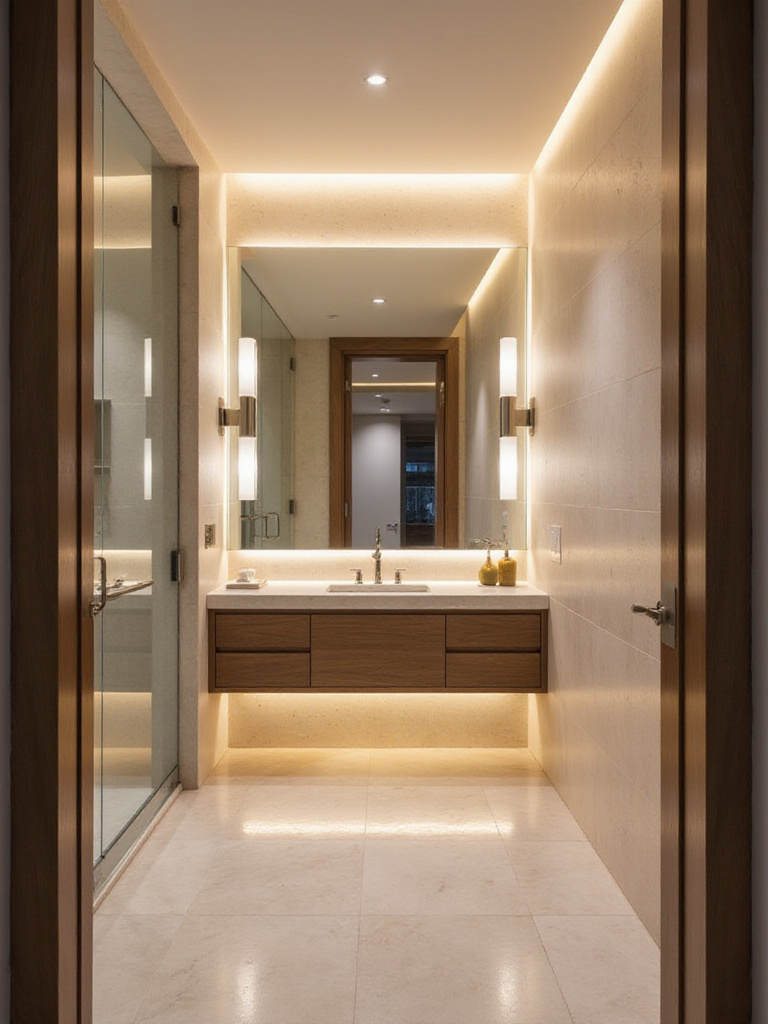 Modern bathroom interior showcasing effective layered lighting. Side sconces illuminate the vanity mirror, recessed lights provide ambient light from the ceiling, and a moisture-rated light is in the shower.